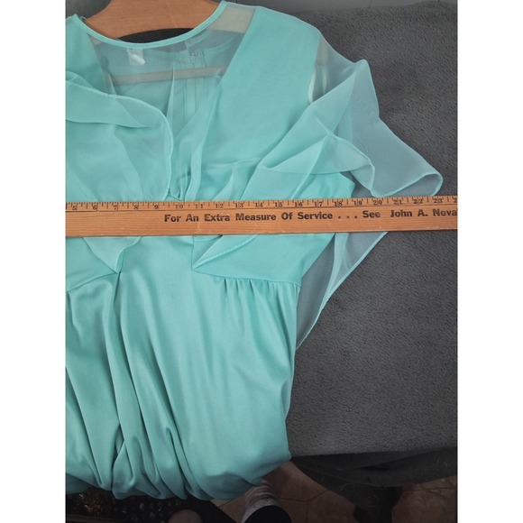 Vintage 60s 70s Evening Dress 18 Aqua Green Chiffon 45" Long Flowy Hollywood - Picture 6 of 12